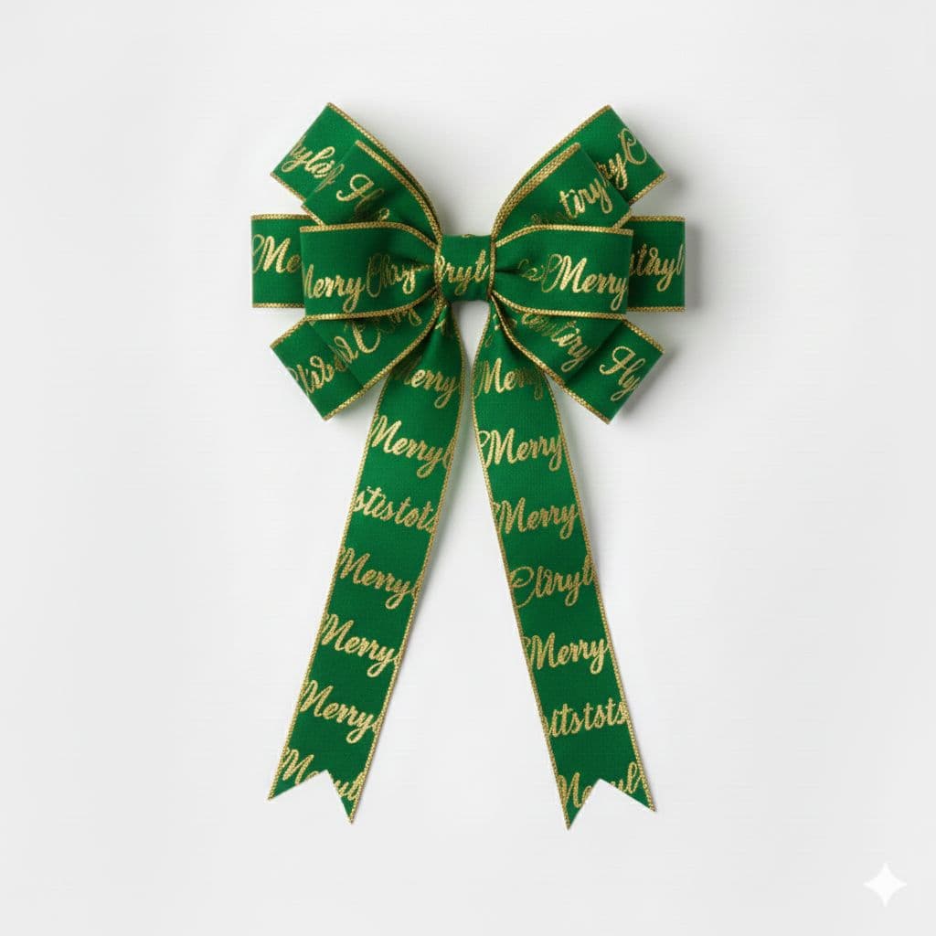 12 Loop Printed Ribbon Bow Green Script